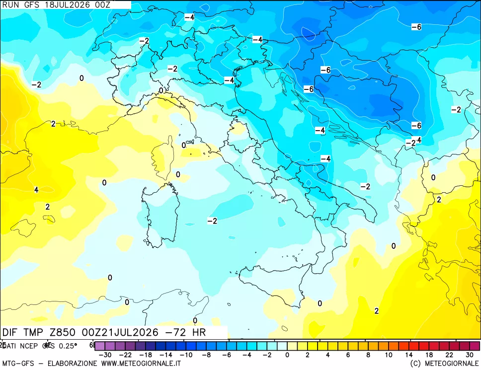 mappa Dif. Temp a 850 hPa Valid - Init