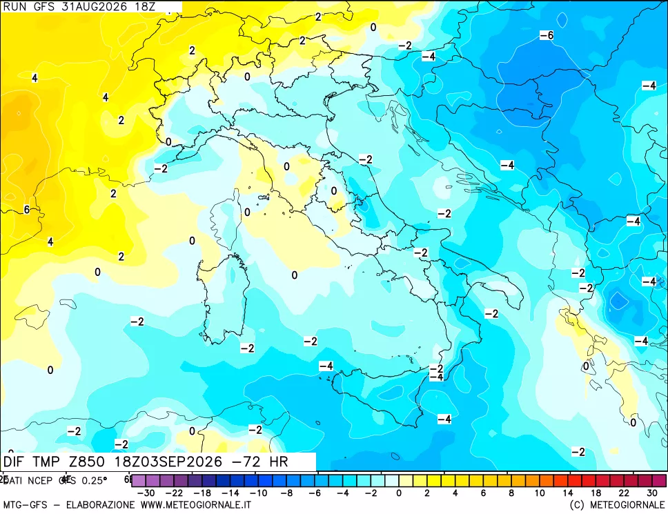 mappa Dif. Temp a 850 hPa Valid - Init