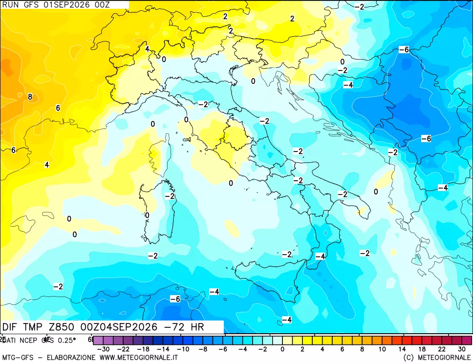mappa Dif. Temp a 850 hPa Valid - Init