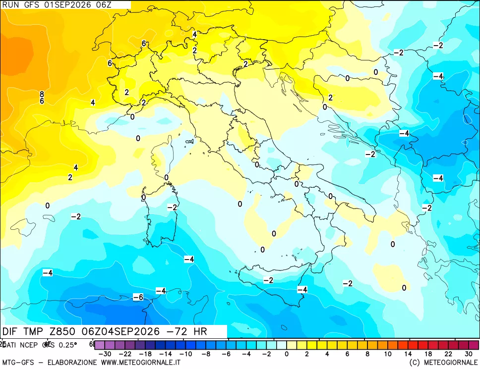 mappa Dif. Temp a 850 hPa Valid - Init