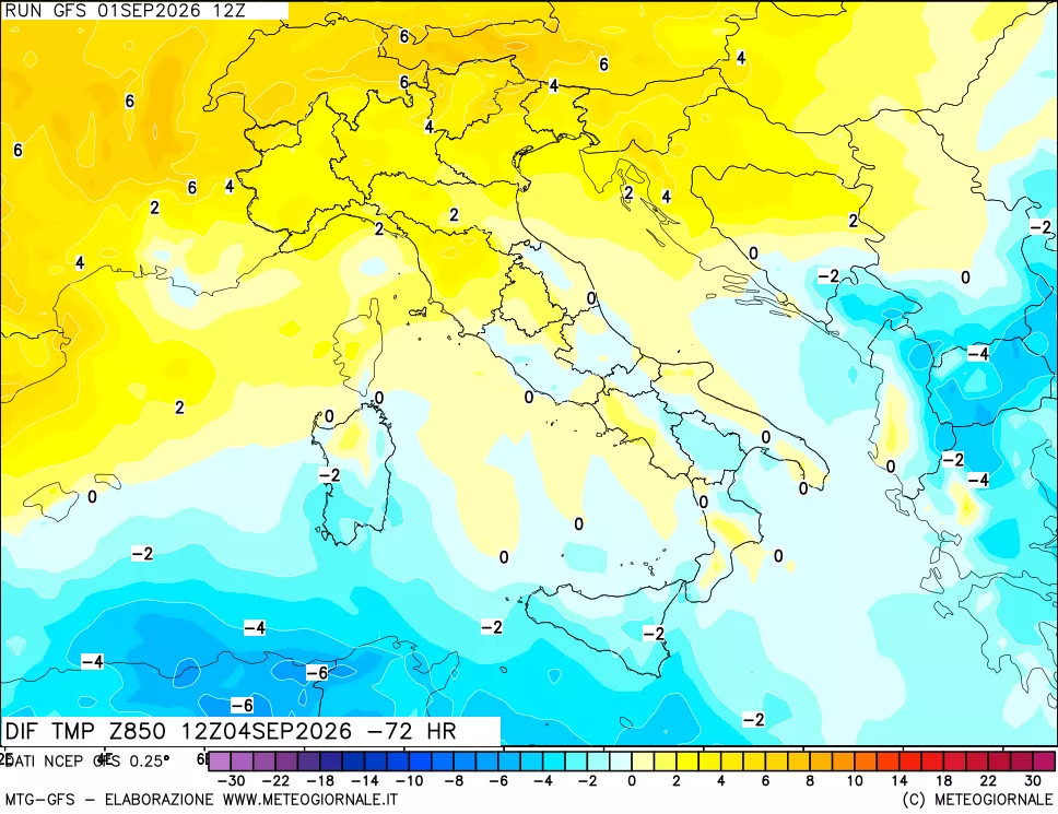 mappa Dif. Temp a 850 hPa Valid - Init