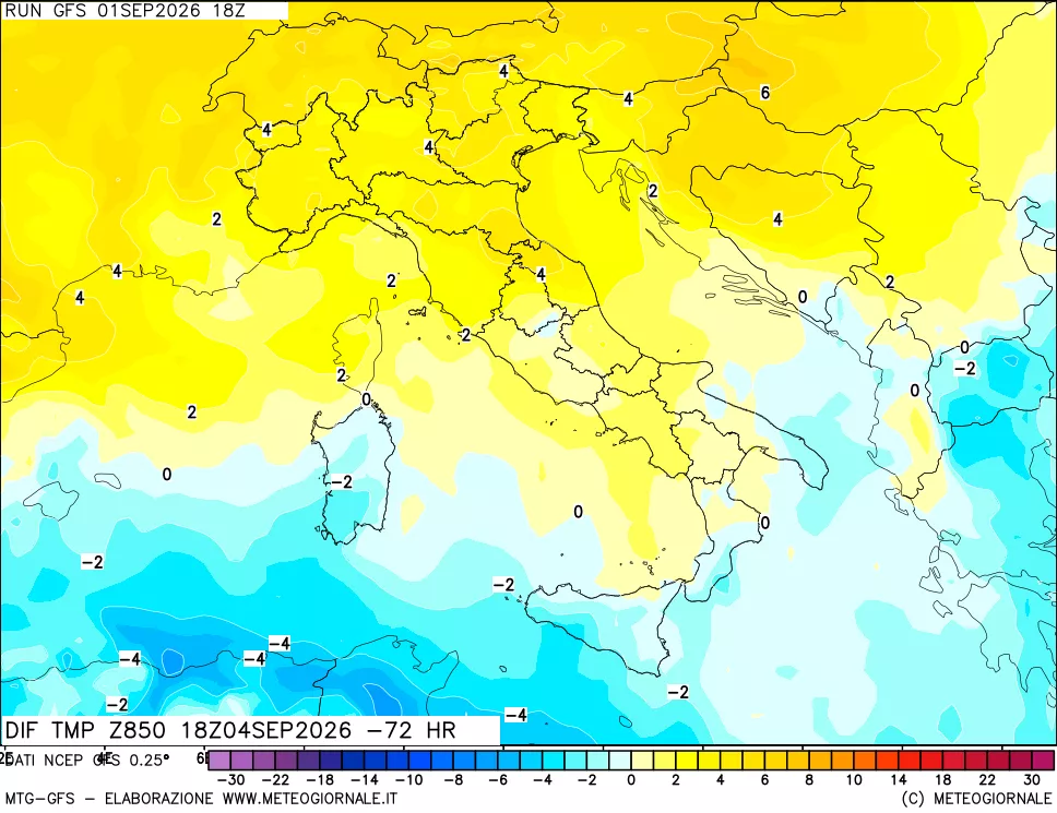 mappa Dif. Temp a 850 hPa Valid - Init