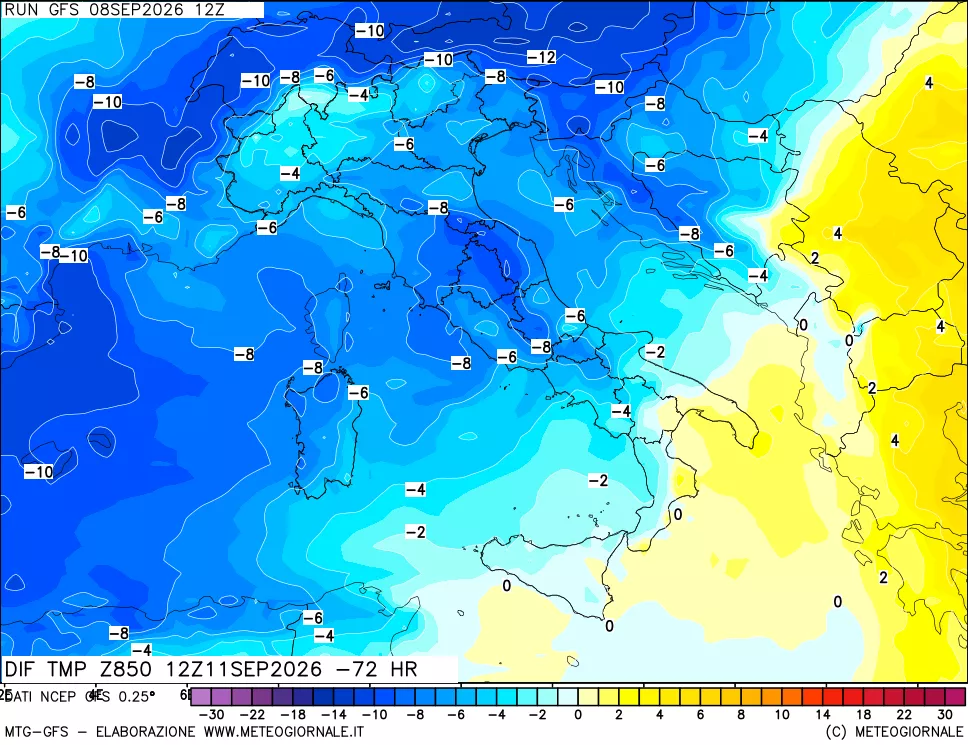 mappa Dif. Temp a 850 hPa Valid - Init