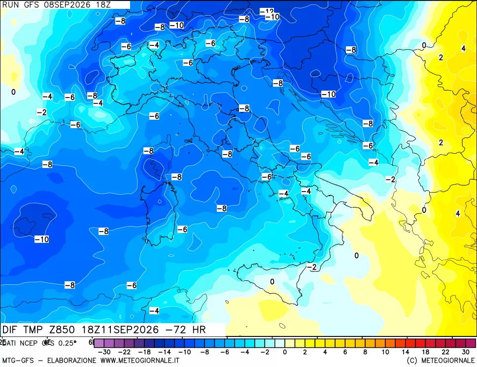 mappa Dif. Temp a 850 hPa Valid - Init