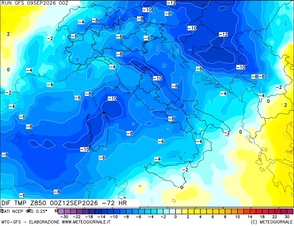 mappa Dif. Temp a 850 hPa Valid - Init