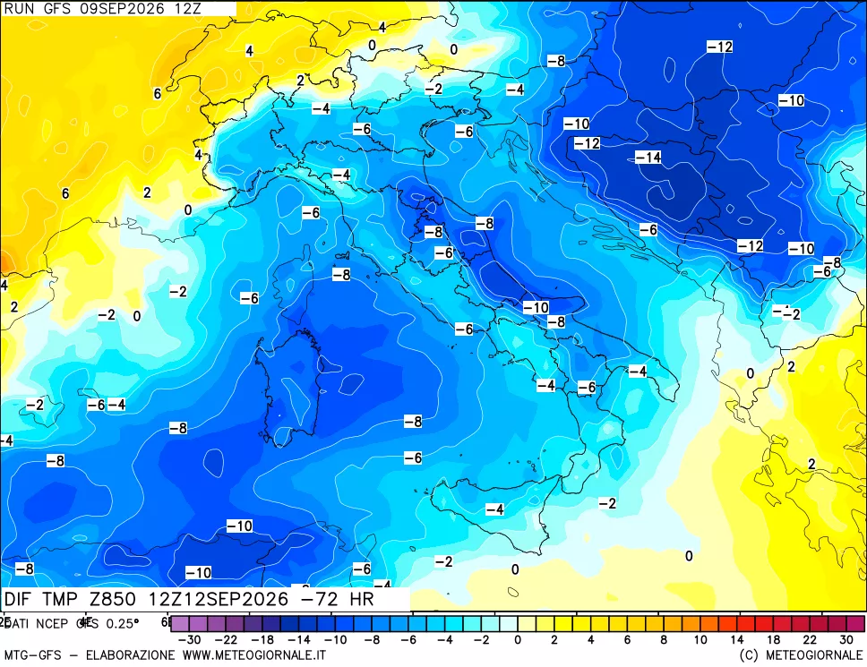 mappa Dif. Temp a 850 hPa Valid - Init