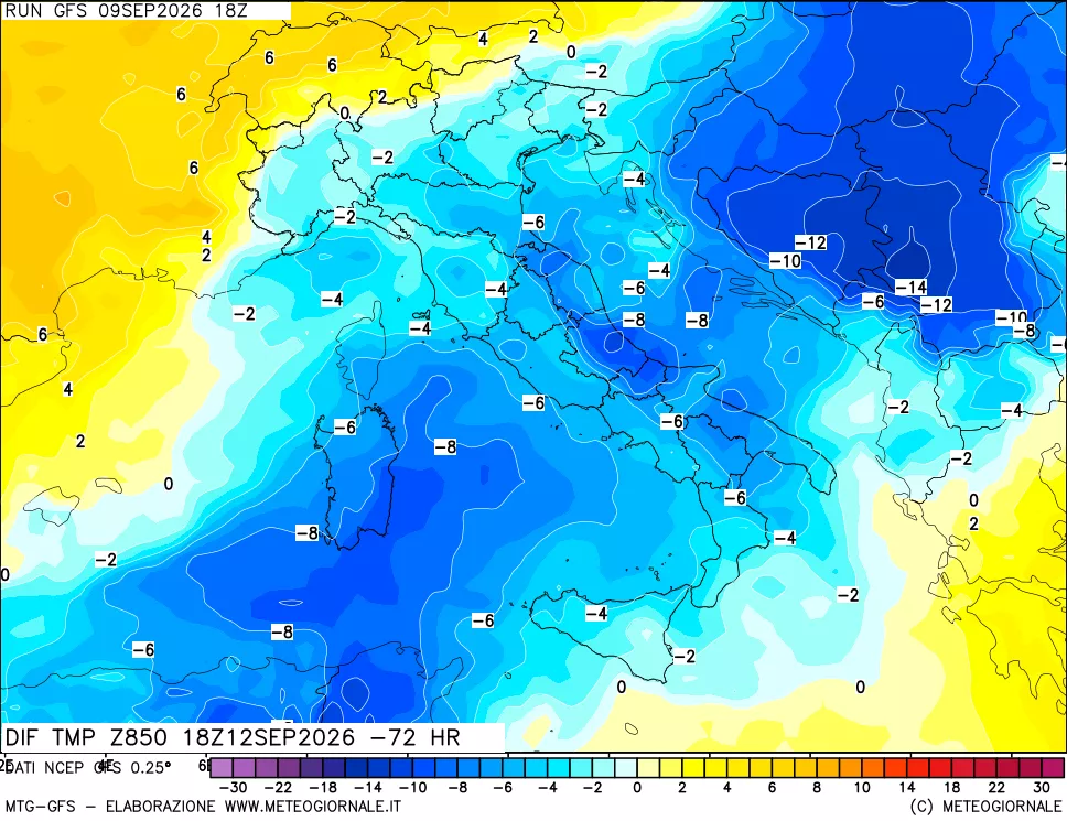 mappa Dif. Temp a 850 hPa Valid - Init