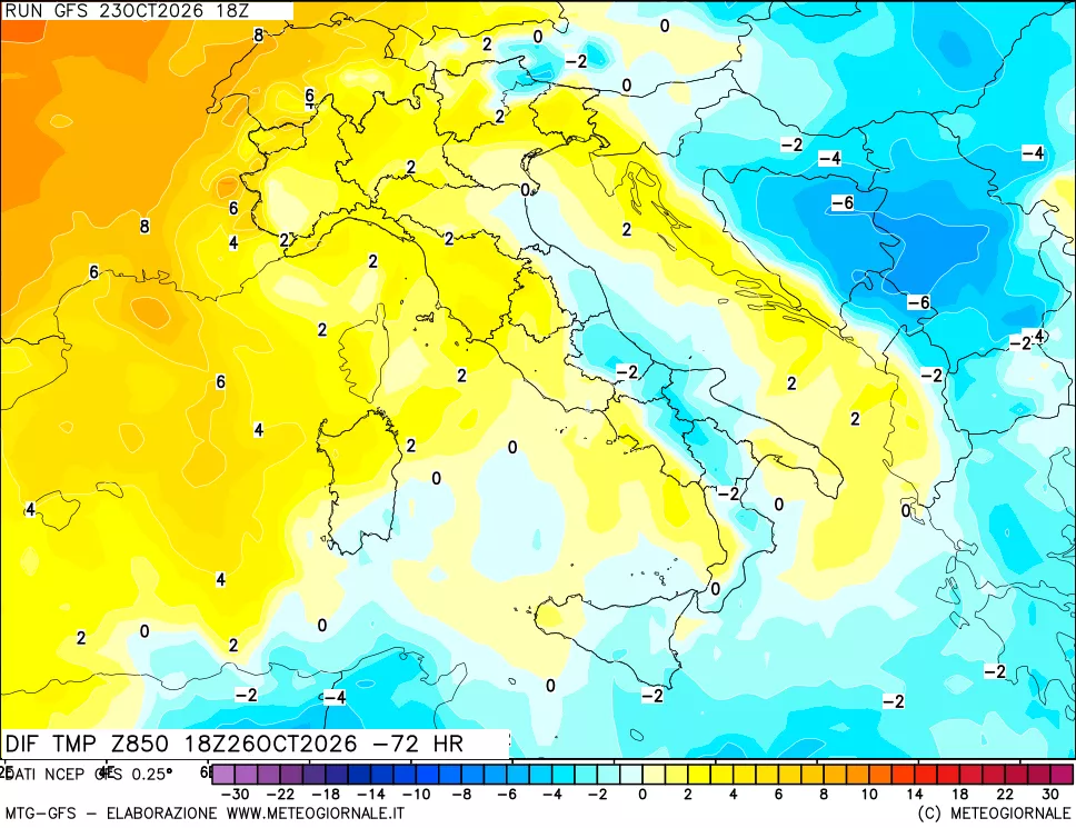 mappa Dif. Temp a 850 hPa Valid - Init