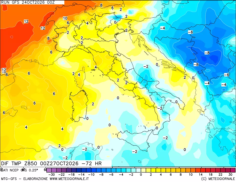 mappa Dif. Temp a 850 hPa Valid - Init