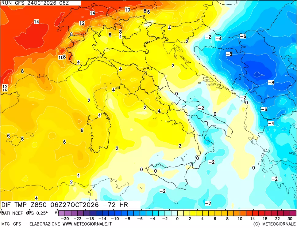 mappa Dif. Temp a 850 hPa Valid - Init