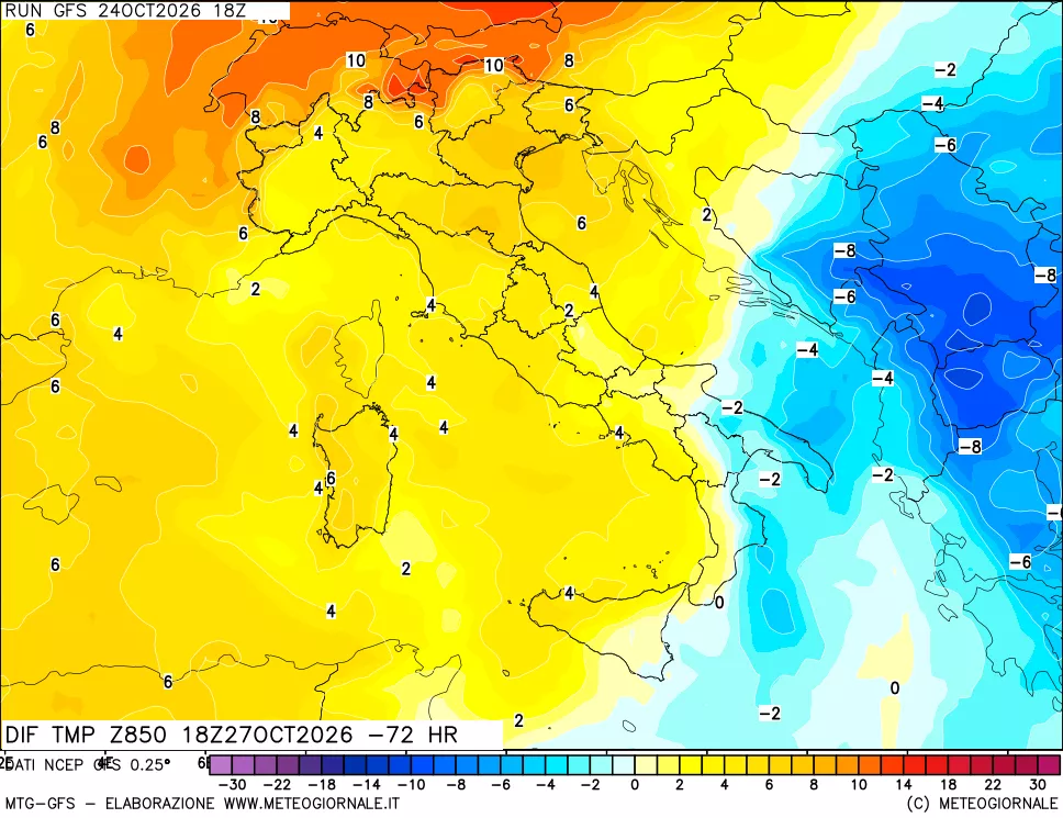 mappa Dif. Temp a 850 hPa Valid - Init