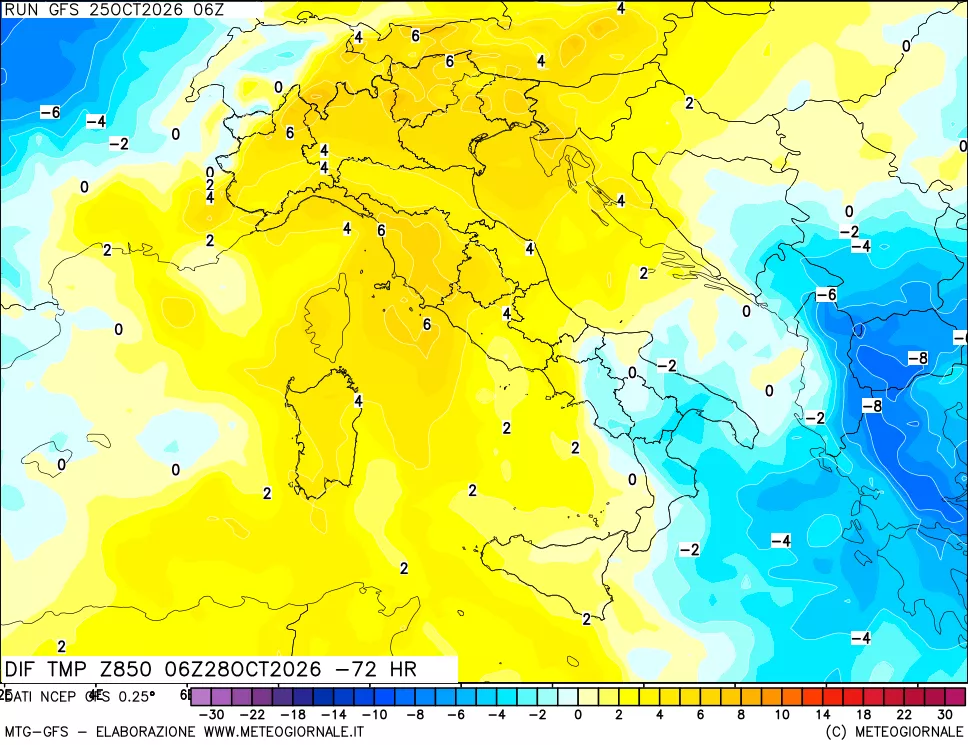 mappa Dif. Temp a 850 hPa Valid - Init