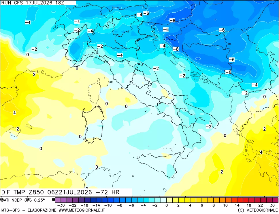 mappa Dif. Temp a 850 hPa Valid - Init