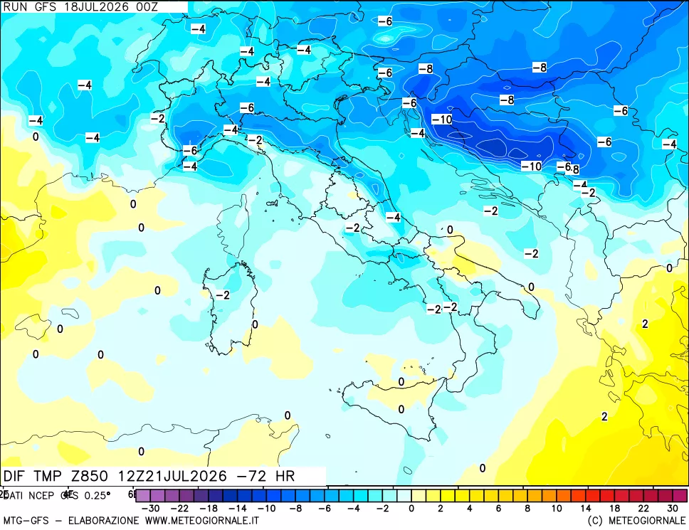 mappa Dif. Temp a 850 hPa Valid - Init