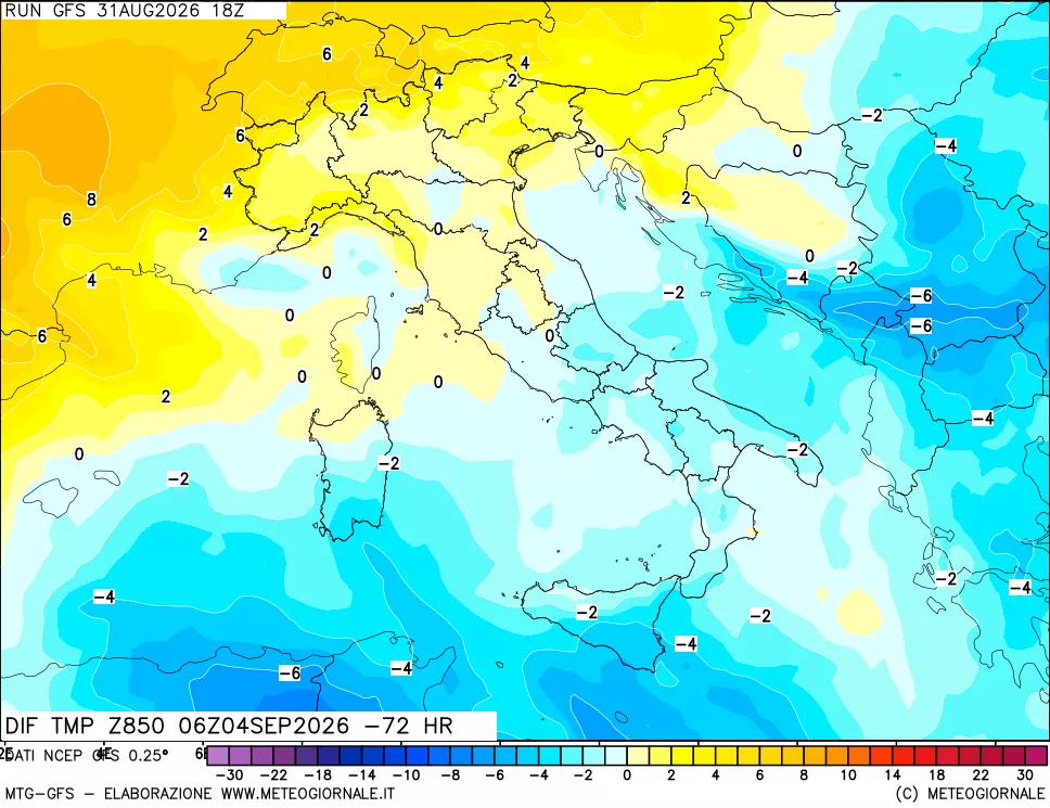 mappa Dif. Temp a 850 hPa Valid - Init