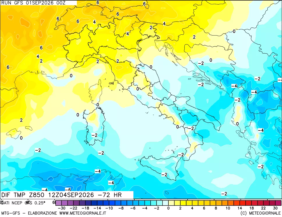 mappa Dif. Temp a 850 hPa Valid - Init