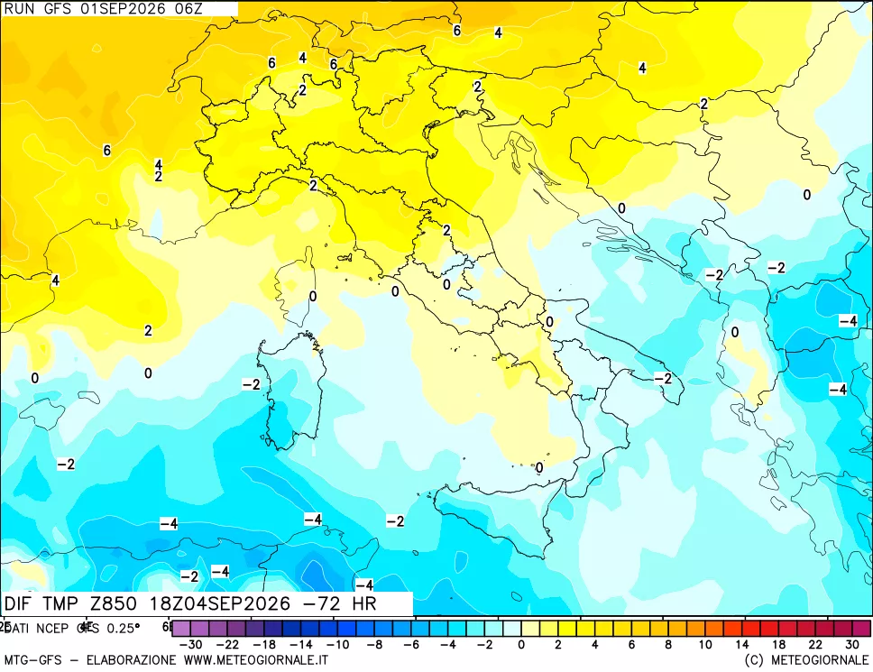 mappa Dif. Temp a 850 hPa Valid - Init