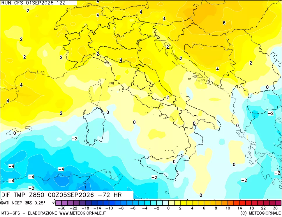 mappa Dif. Temp a 850 hPa Valid - Init