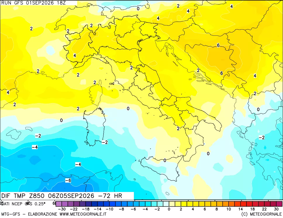 mappa Dif. Temp a 850 hPa Valid - Init