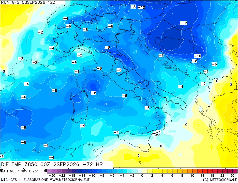 mappa Dif. Temp a 850 hPa Valid - Init