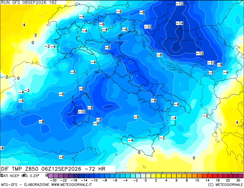mappa Dif. Temp a 850 hPa Valid - Init