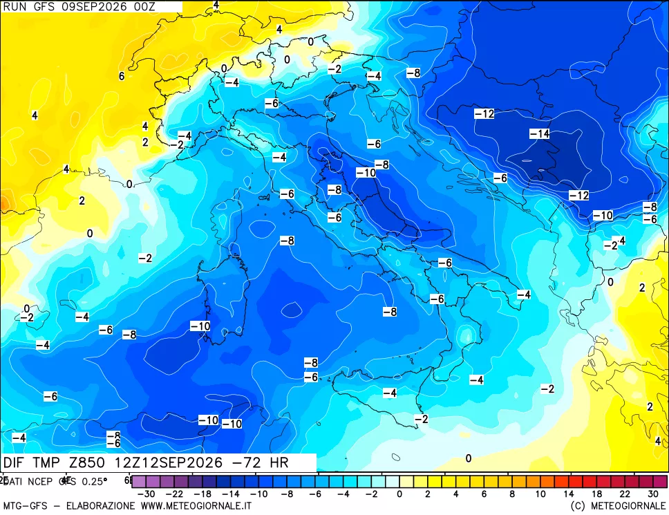mappa Dif. Temp a 850 hPa Valid - Init