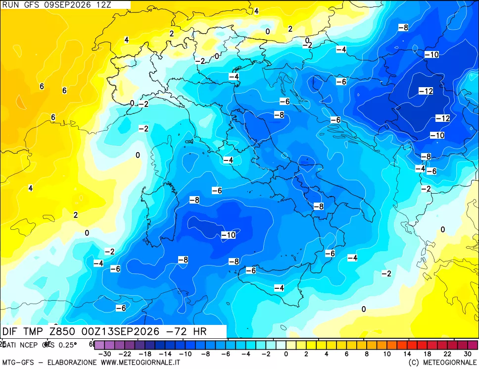 mappa Dif. Temp a 850 hPa Valid - Init