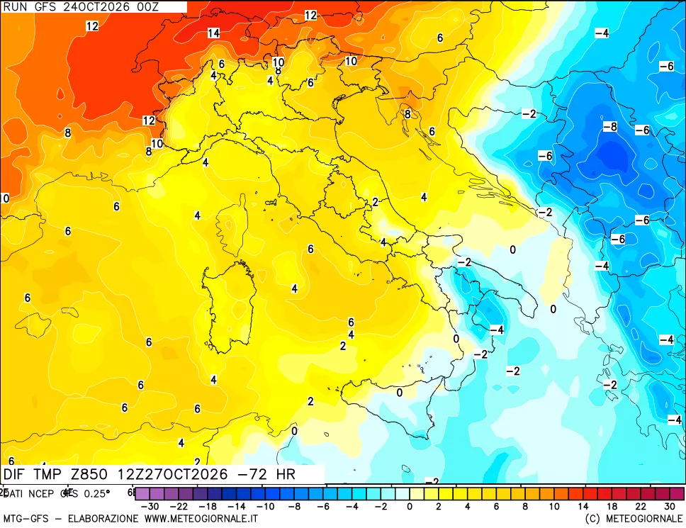 mappa Dif. Temp a 850 hPa Valid - Init