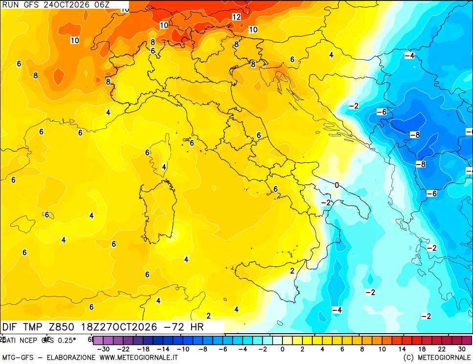 mappa Dif. Temp a 850 hPa Valid - Init