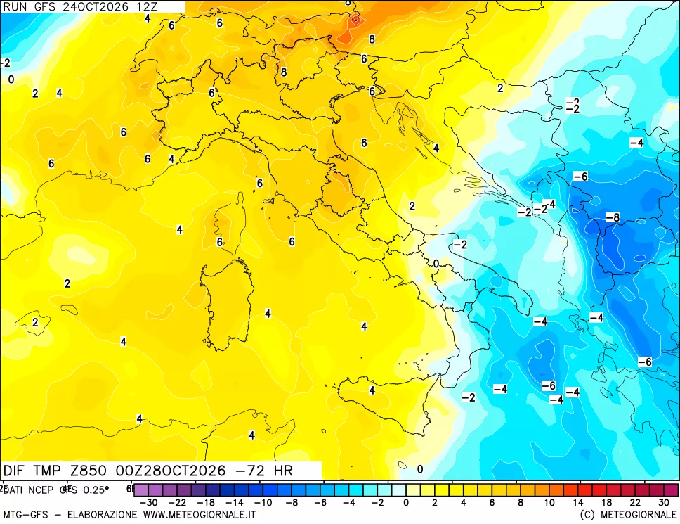 mappa Dif. Temp a 850 hPa Valid - Init