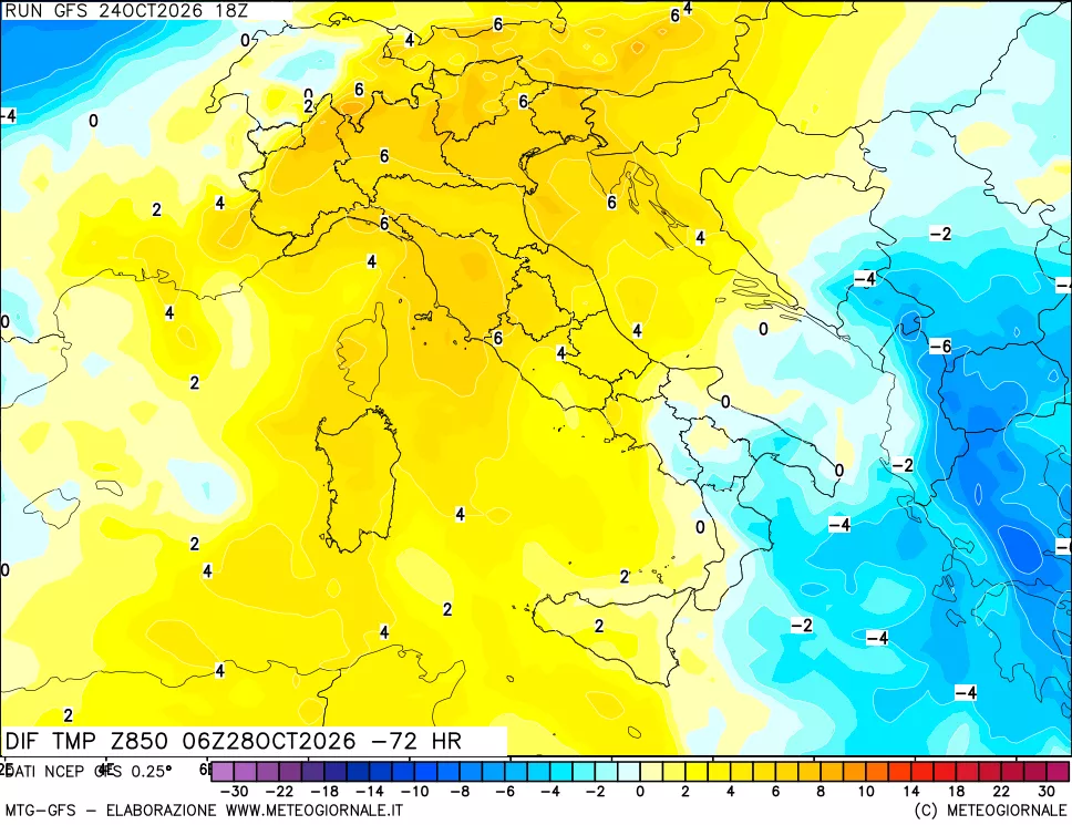 mappa Dif. Temp a 850 hPa Valid - Init