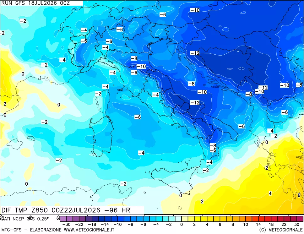 mappa Dif. Temp a 850 hPa Valid - Init