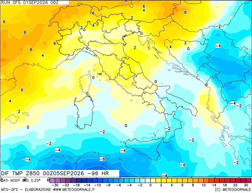 mappa Dif. Temp a 850 hPa Valid - Init