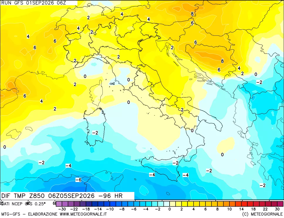 mappa Dif. Temp a 850 hPa Valid - Init