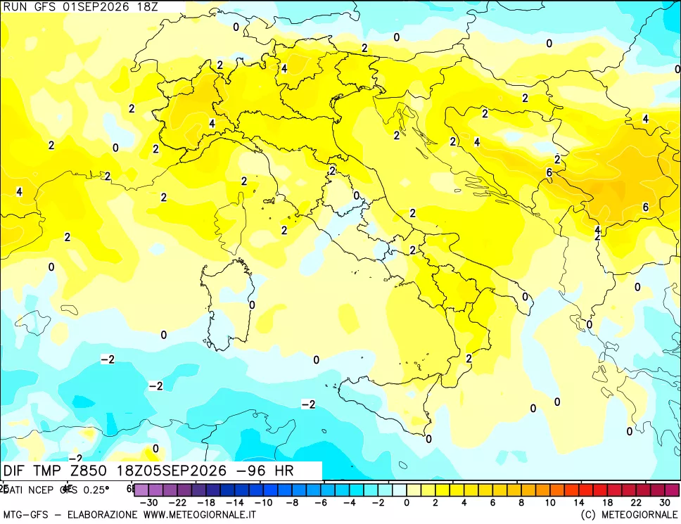 mappa Dif. Temp a 850 hPa Valid - Init
