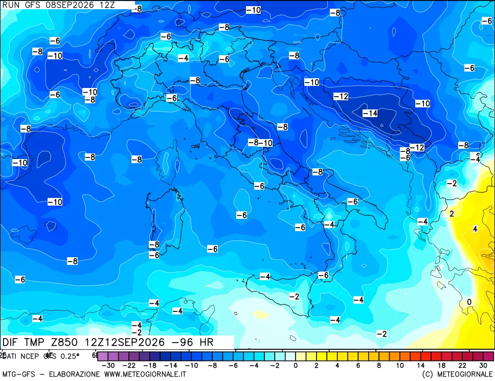 mappa Dif. Temp a 850 hPa Valid - Init