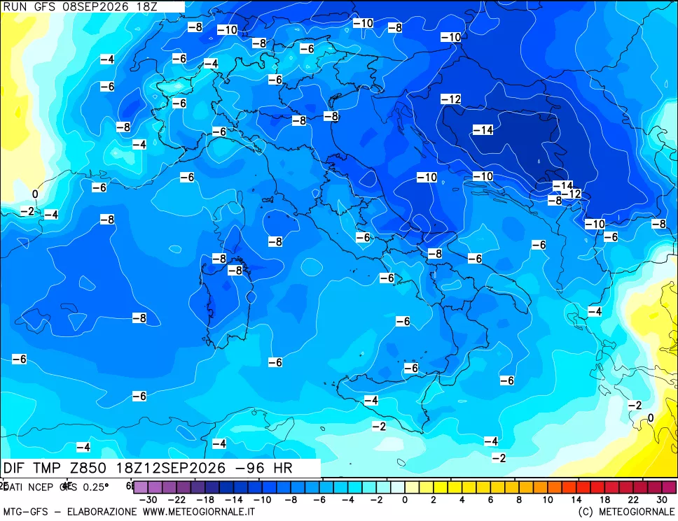 mappa Dif. Temp a 850 hPa Valid - Init