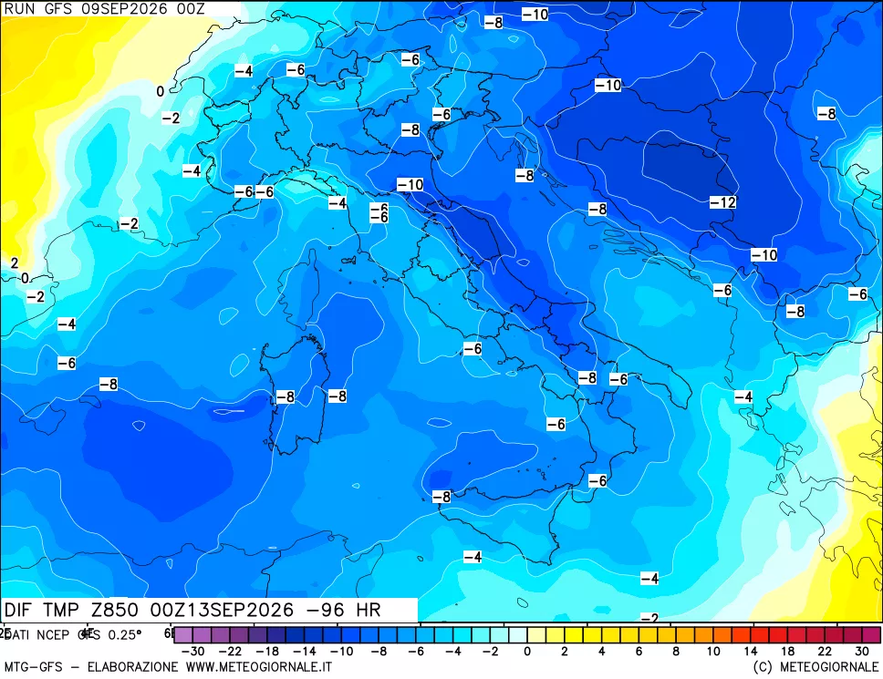 mappa Dif. Temp a 850 hPa Valid - Init