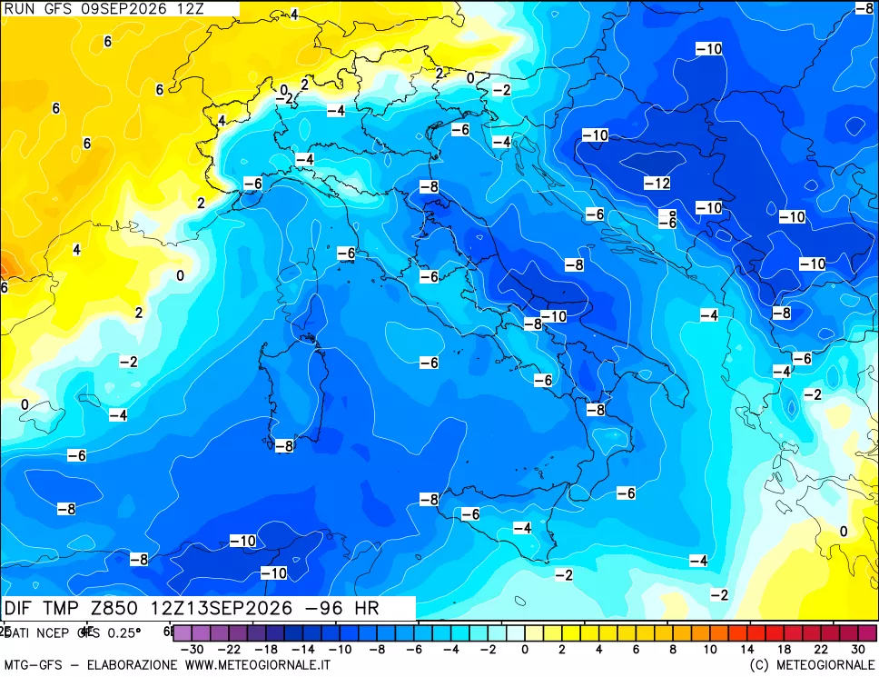 mappa Dif. Temp a 850 hPa Valid - Init