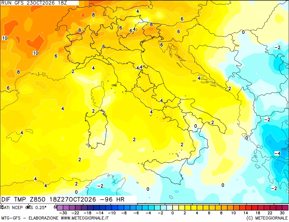 mappa Dif. Temp a 850 hPa Valid - Init