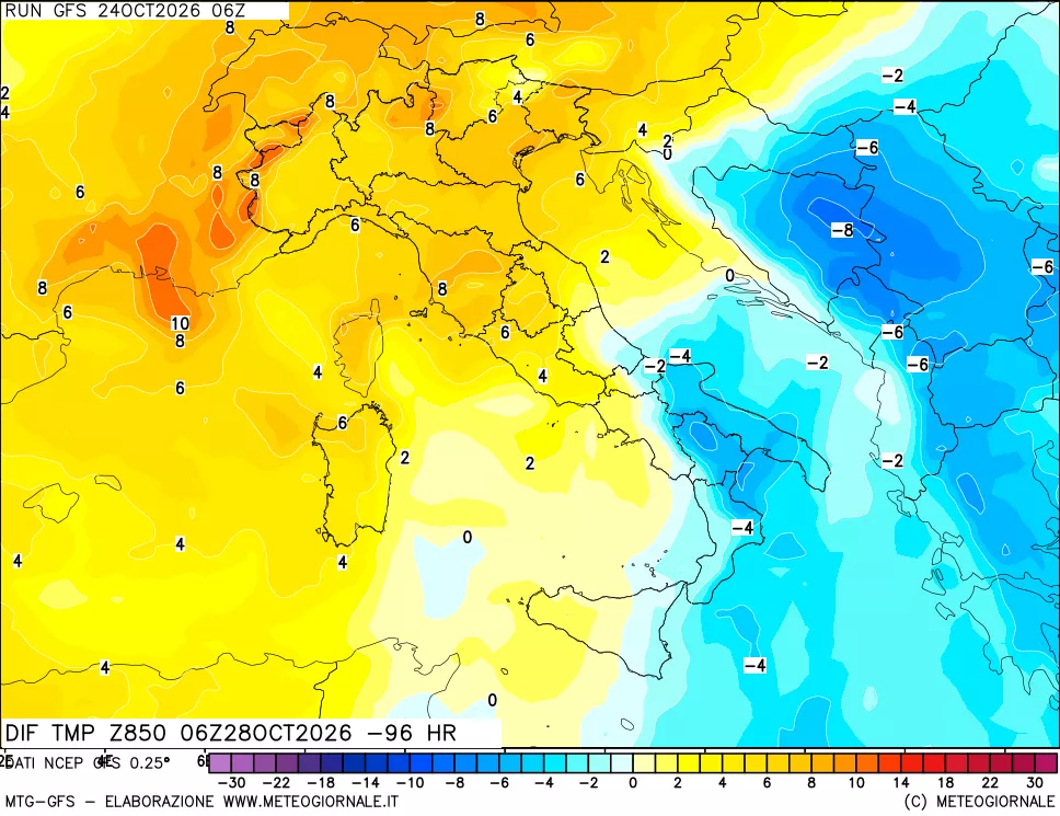 mappa Dif. Temp a 850 hPa Valid - Init