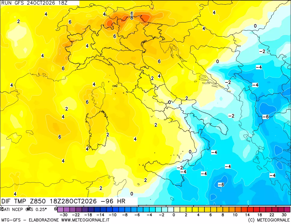 mappa Dif. Temp a 850 hPa Valid - Init