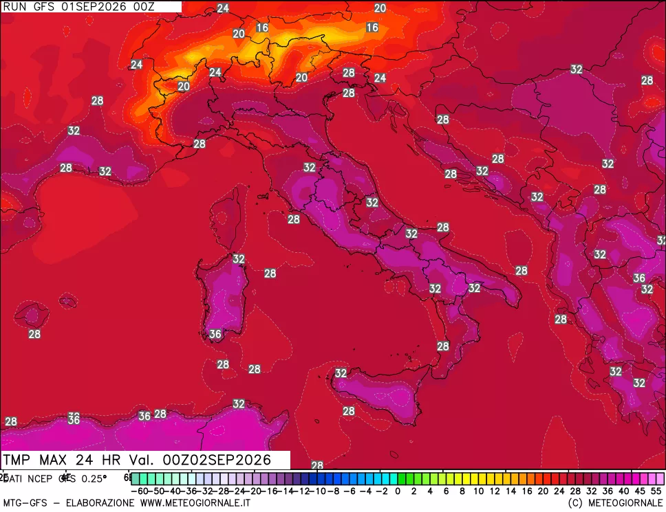 mappa Temperatura massima 24 ore