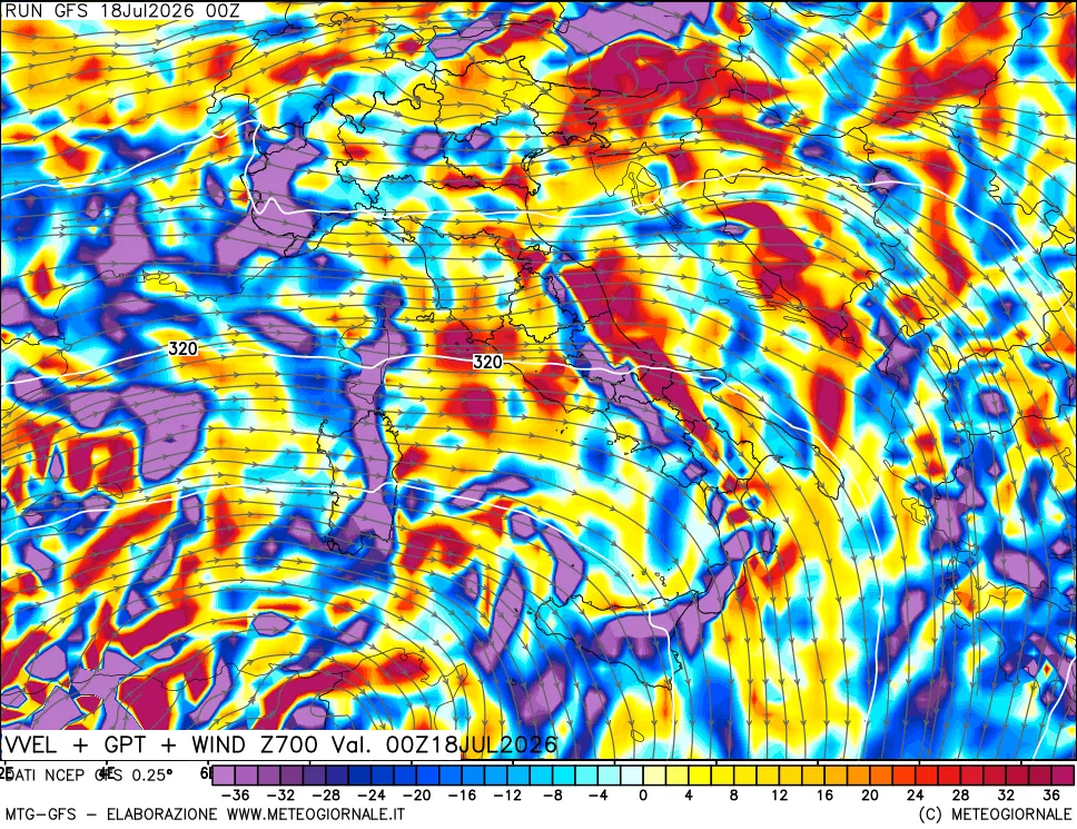mappa 700 hPa Velocità verticiali + GPT + Vento