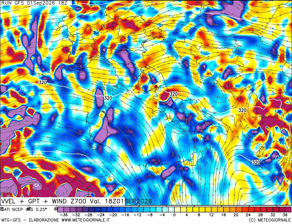 mappa 700 hPa Velocità verticiali + GPT + Vento