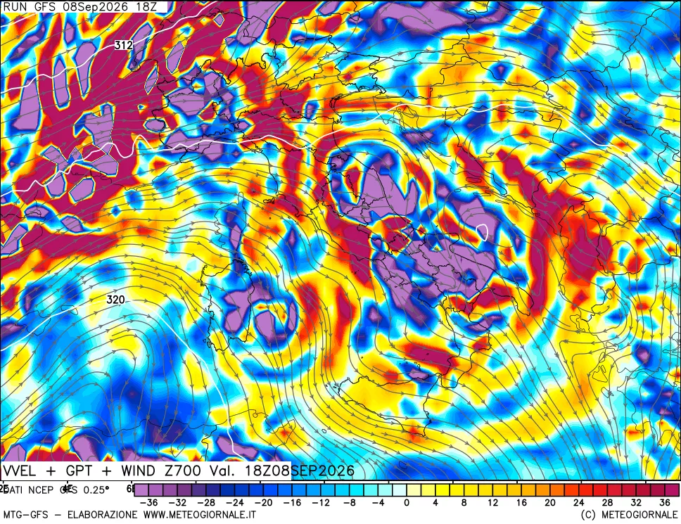 mappa 700 hPa Velocità verticiali + GPT + Vento