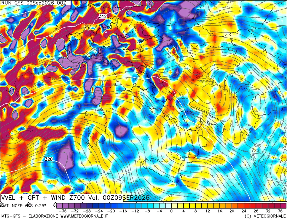 mappa 700 hPa Velocità verticiali + GPT + Vento