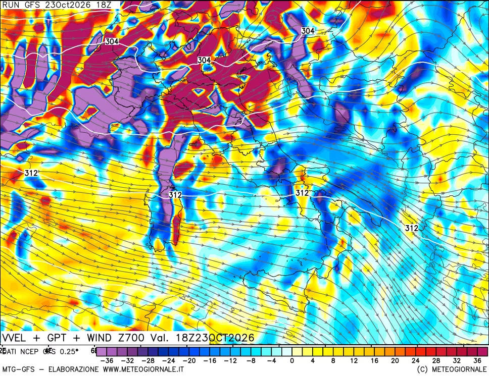 mappa 700 hPa Velocità verticiali + GPT + Vento