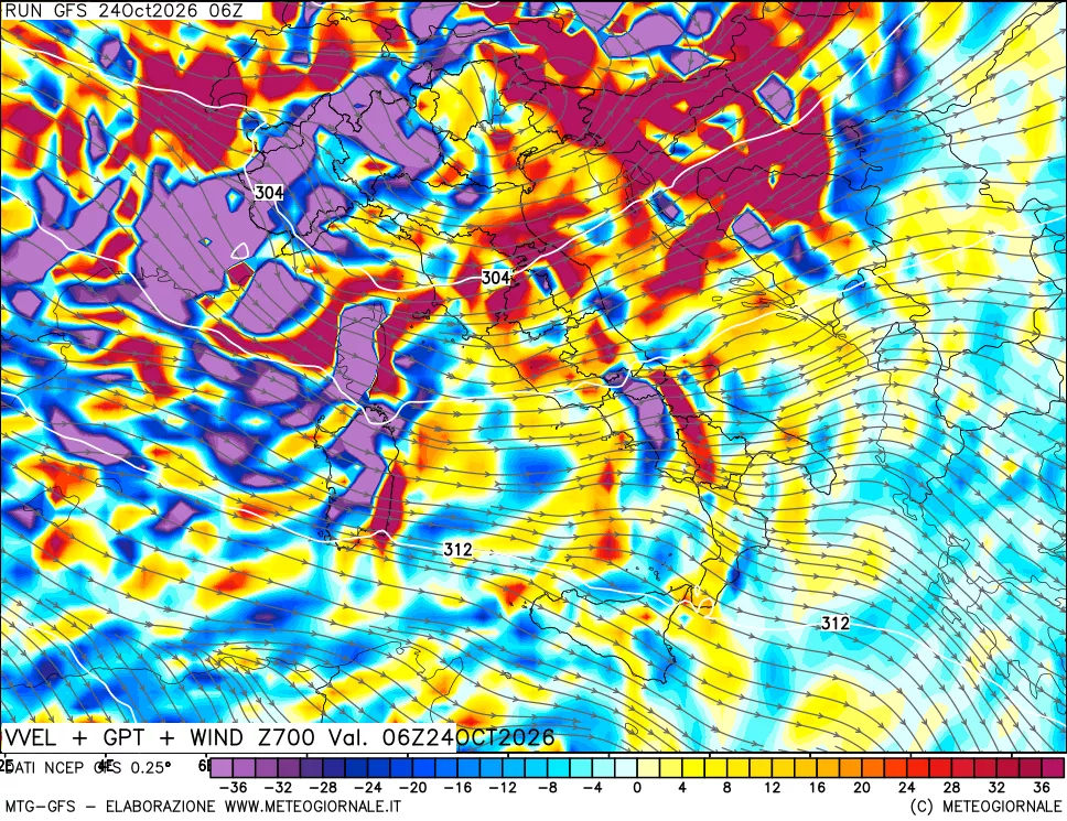 mappa 700 hPa Velocità verticiali + GPT + Vento