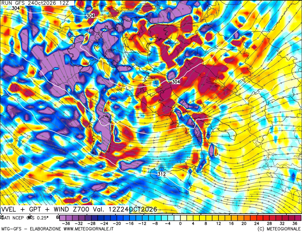mappa 700 hPa Velocità verticiali + GPT + Vento